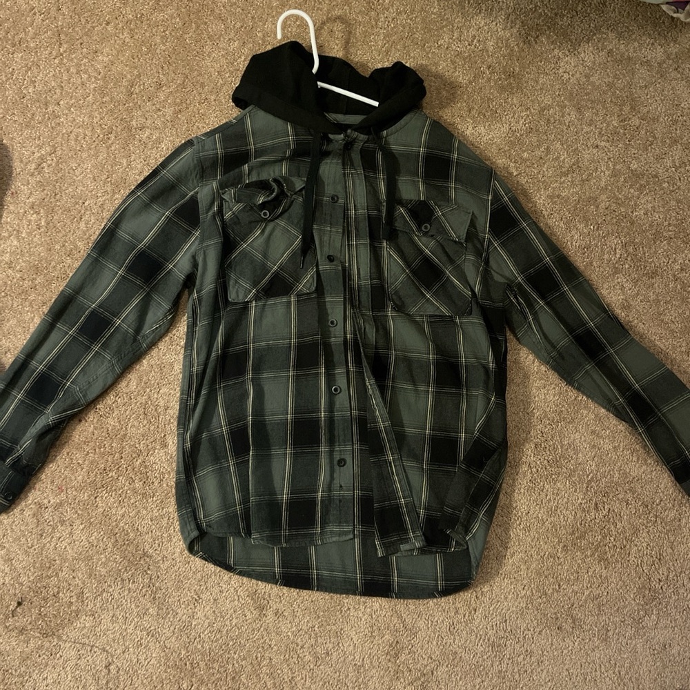 No Boundaries Green Plaid Shirt Jacket with Black Hood